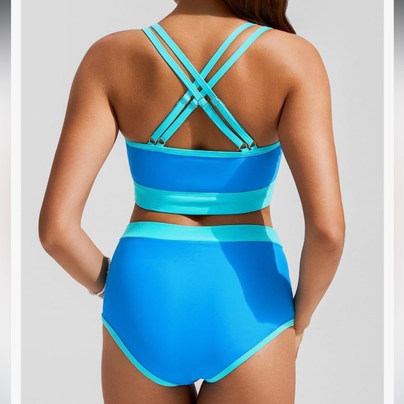 Hanna Nikole High Waisted Sporty Criss Cross Two Piece Swimsuit Colour Block - Picture 9 of 11